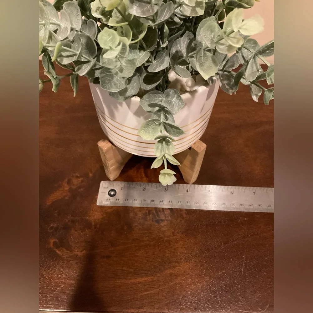 Faux Green Plant in Ceramic Pot On Wood Stand Decor 🪴